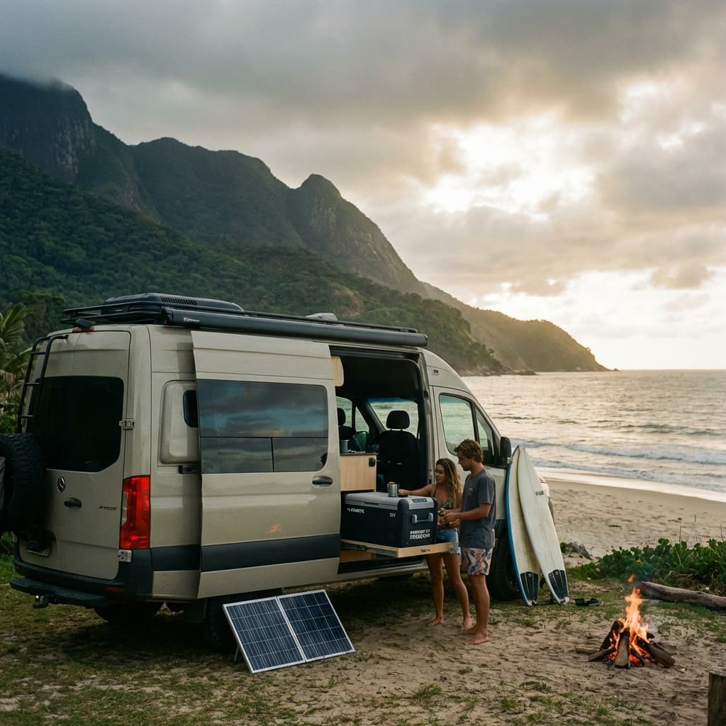 Pôr do sol com geladeira portátil